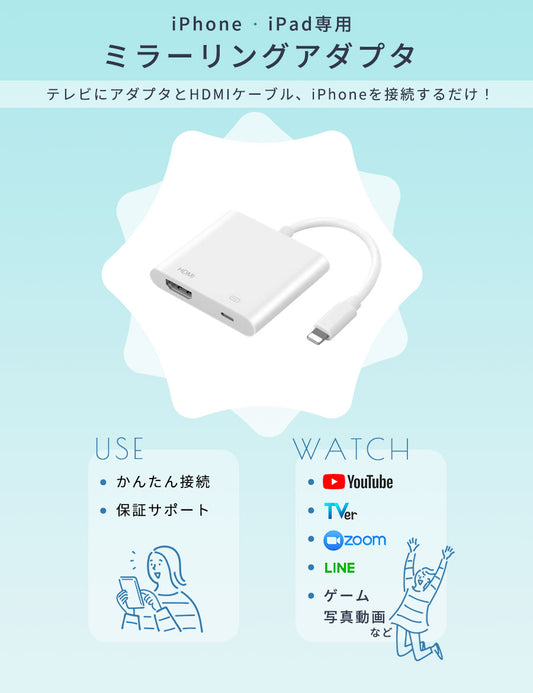 iPhoneテレビ接続ケーブルiPhoneミラーリングHDMIスマホ変換Youtubeナビプロジェクター有線TV出力アイフォンiPadアクセサリー家庭TVカーナビmirascreen