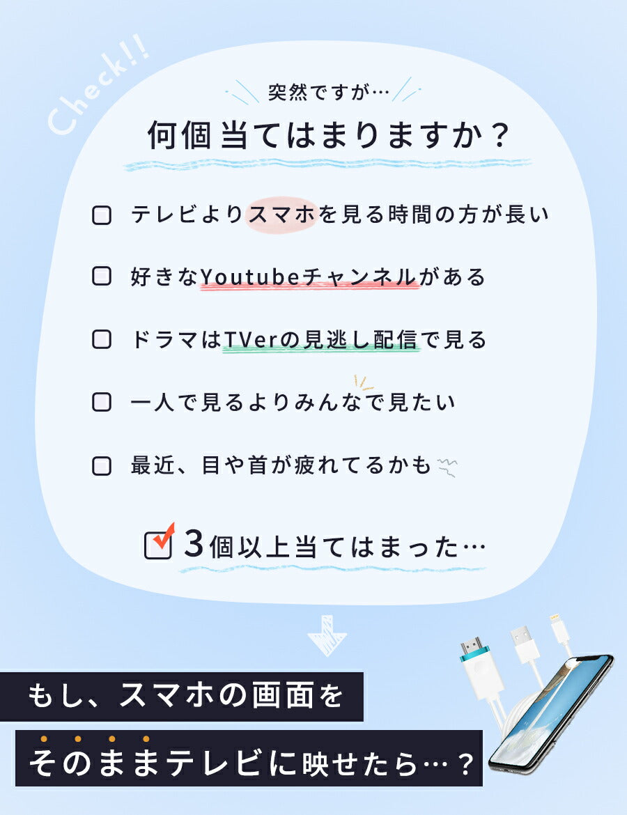 iPhoneテレビ接続ケーブルiPhoneミラーリングHDMIスマホ変換Youtubeナビプロジェクター有線TV出力アイフォンiPadアクセサリー家庭TVカーナビmirascreen