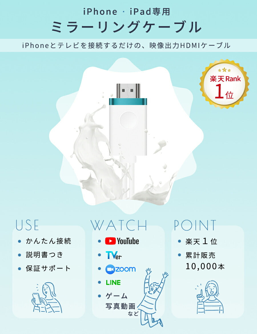 iPhoneテレビ接続ケーブルiPhoneミラーリングHDMIスマホ変換Youtubeナビプロジェクター有線TV出力アイフォンiPadアクセサリー家庭TVカーナビmirascreen
