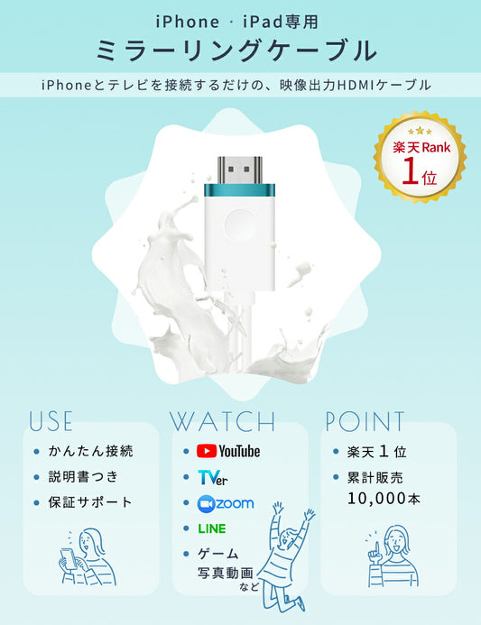 iPhoneテレビ接続ケーブルiPhoneミラーリングHDMIスマホ変換Youtubeナビプロジェクター有線TV出力アイフォンiPadアクセサリー家庭TVカーナビmirascreen